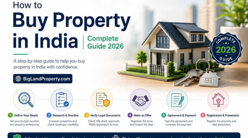 Step-by-step guide how to buy property in India in 2026 with legal verification, registration, payment, and possession.